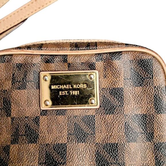 Michael Kors Neutral Brown Checked Signature Gold Accent Small Crossbody Bag - Picture 13 of 16